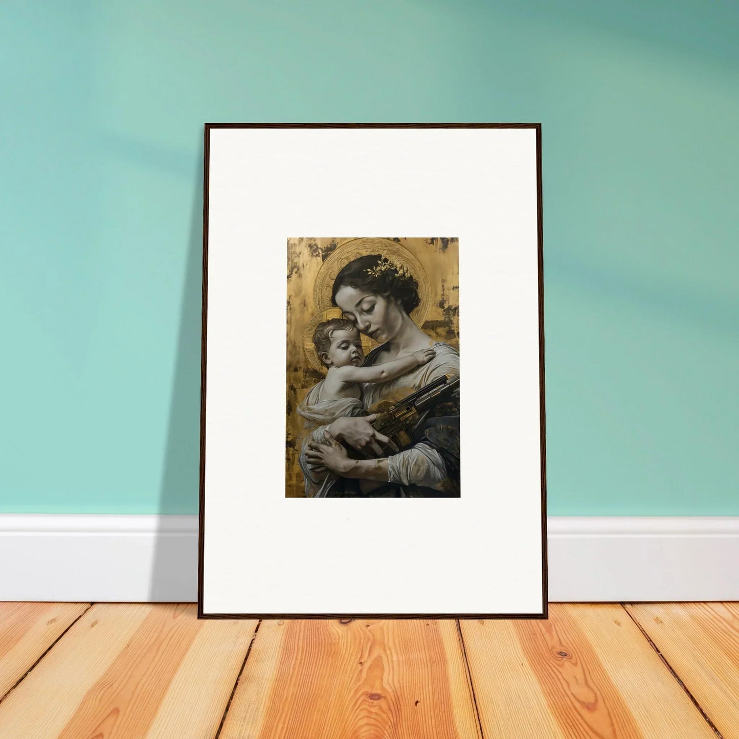 Framed canvas print of a woman and child in a velvet embrace, perfect for room decoration