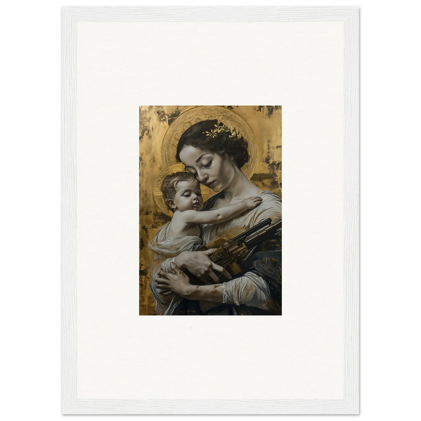 Framed canvas print of a woman holding a baby, perfect for velvet embrace room decoration