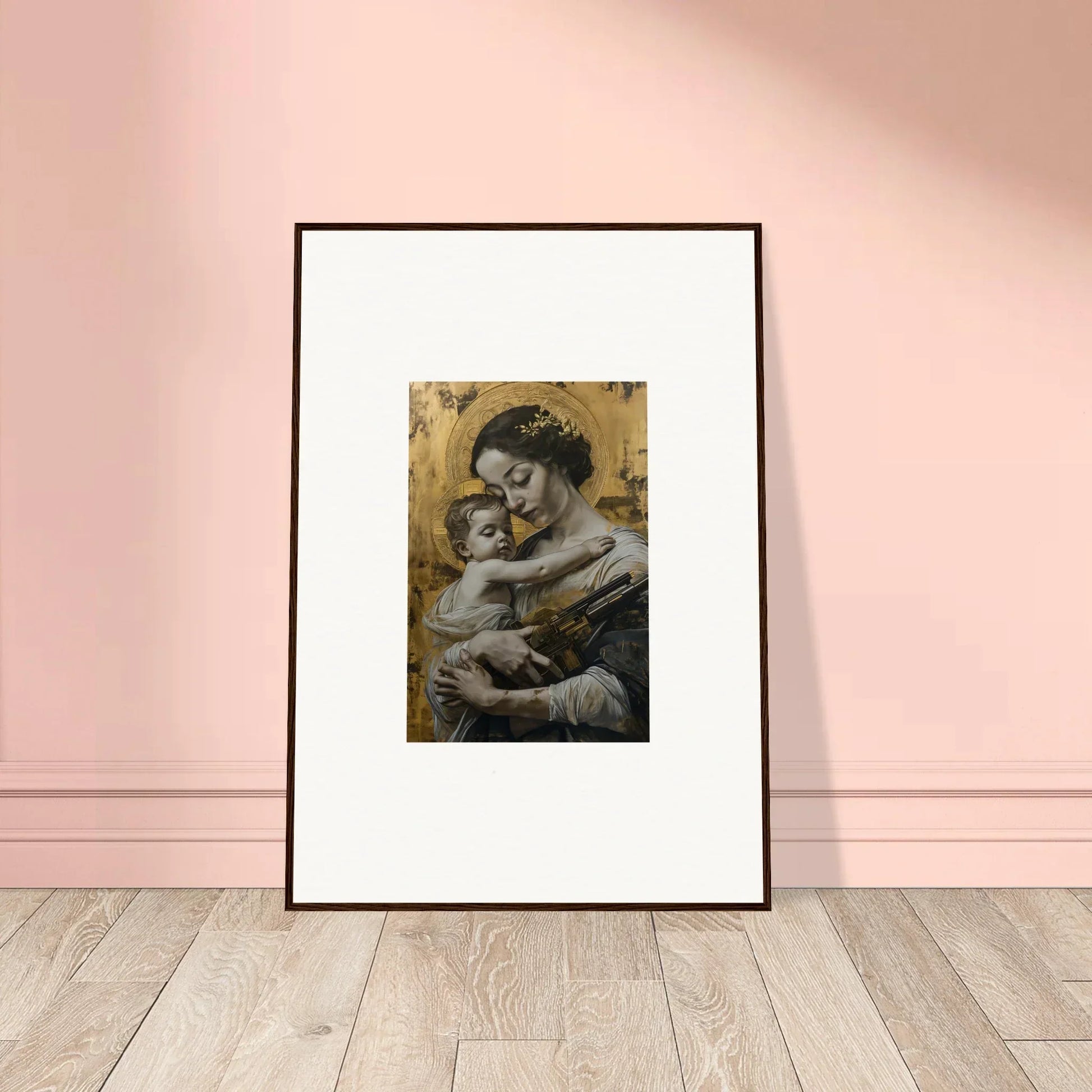 Framed canvas print of a woman and child in a velvet embrace, perfect room decoration