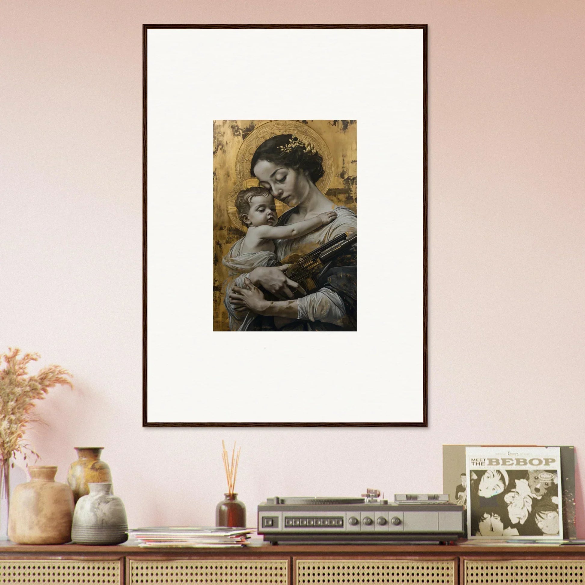 Framed canvas print of a woman and child in Velvet Embrace, perfect room decoration