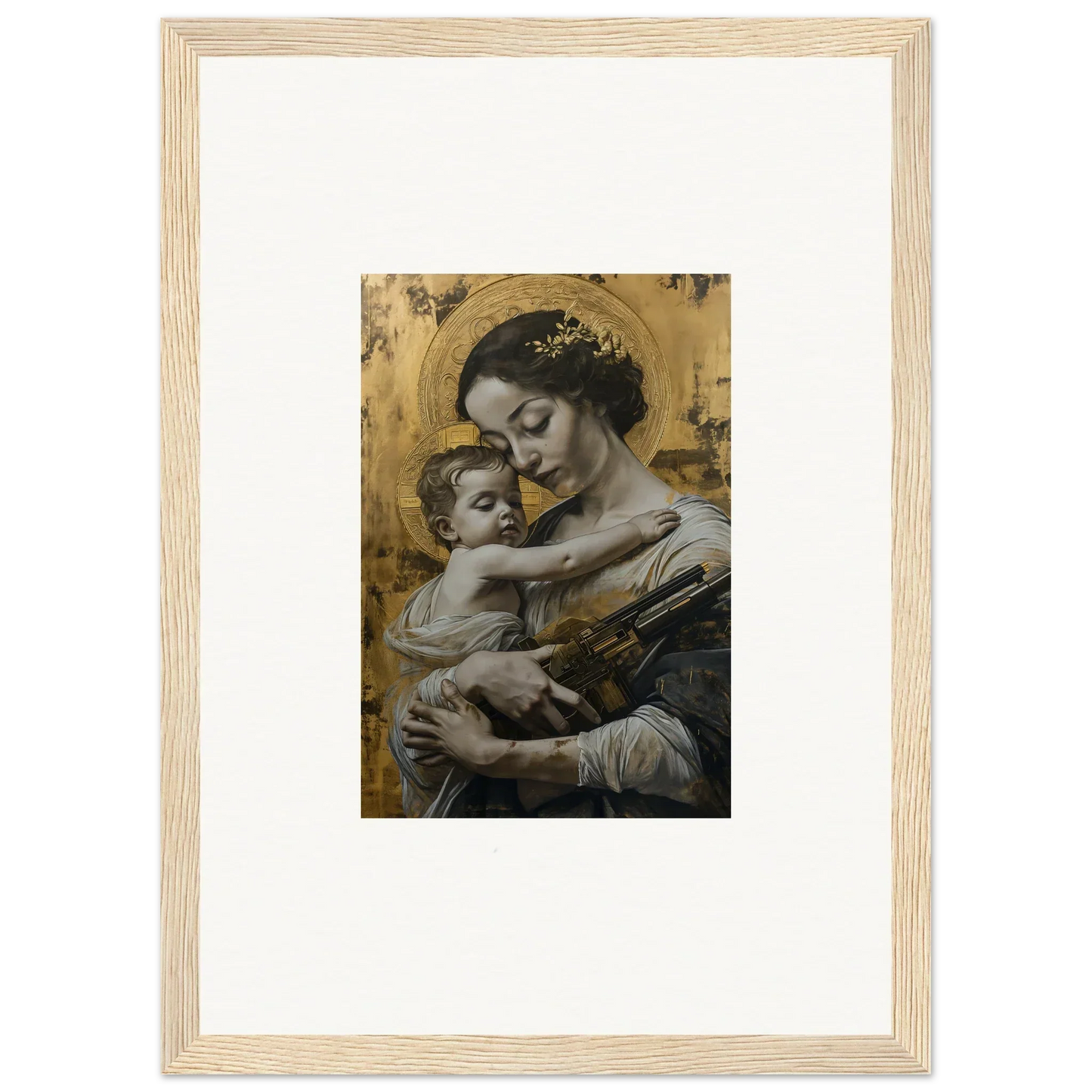 Framed canvas print of a woman cradling a baby in Velvet Embrace for perfect room decoration