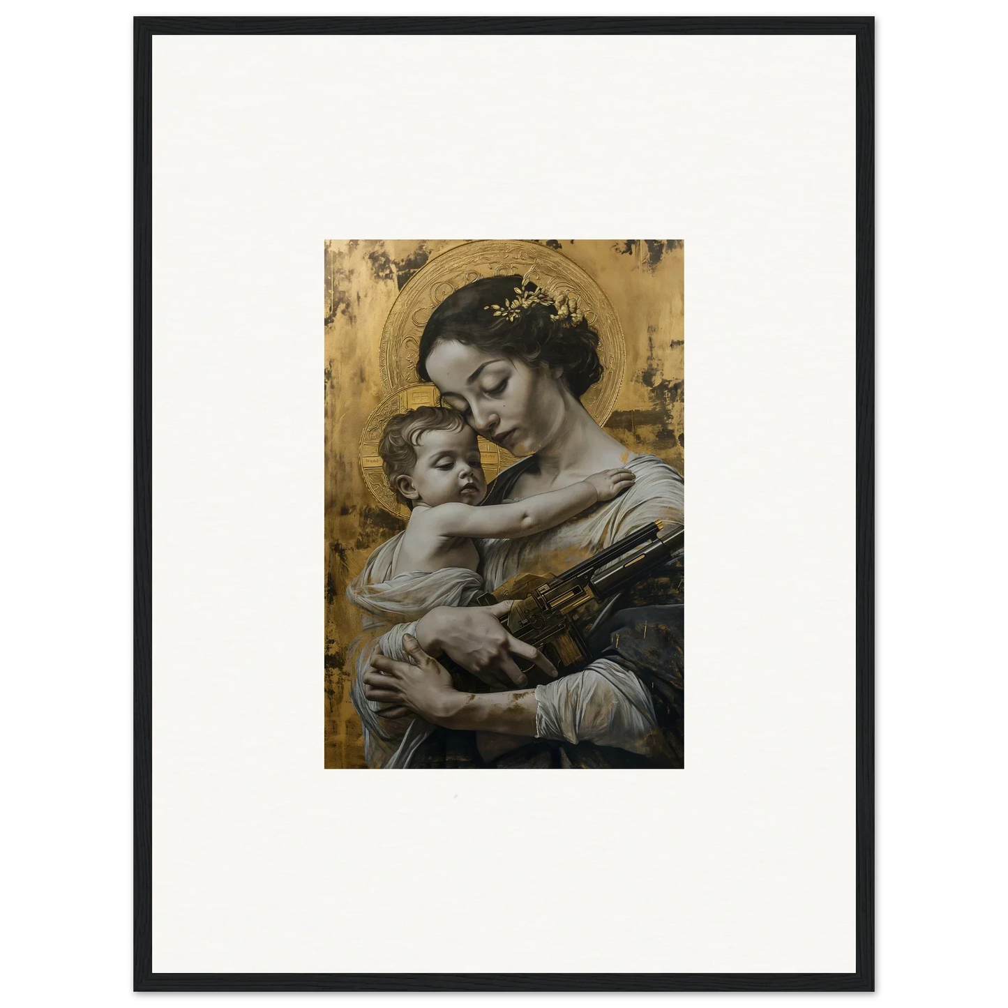 Framed canvas print of a woman cradling a baby in Melancholy’s Velvet Embrace