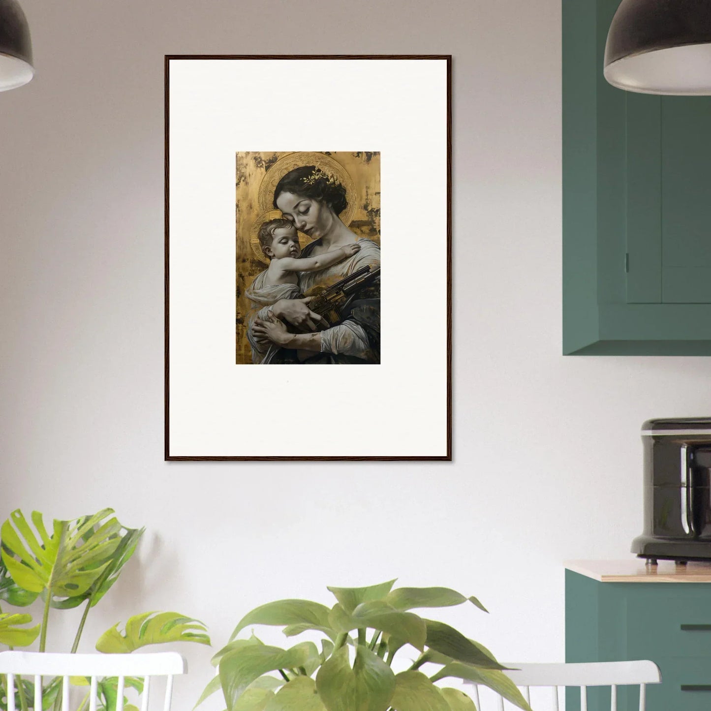 Framed canvas print of a woman holding a baby, perfect for room decoration, Velvet Embrace