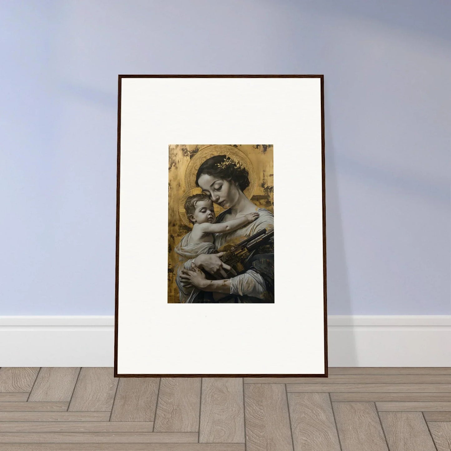 Framed canvas print of a woman and child in a loving velvet embrace for room decoration