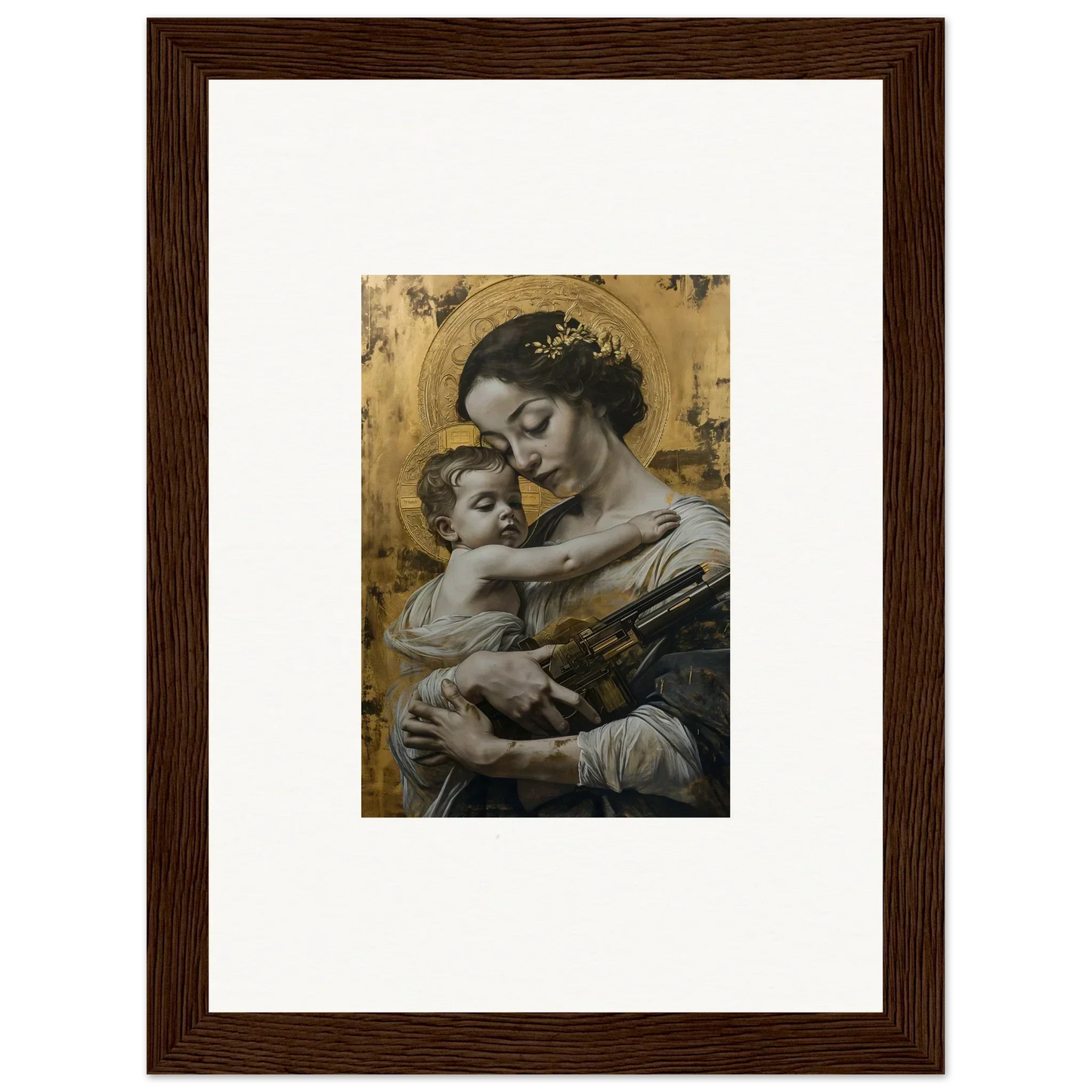 Framed canvas print of a woman embracing a baby, perfect for velvet embrace room decoration