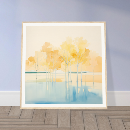 Framed watercolor painting of minimalist trees in yellow and blue for Mellow Mirage Unfoldthreads