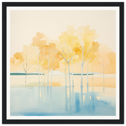 Watercolor painting of autumn trees reflecting in still water for Mellow Mirage Unfoldthreads