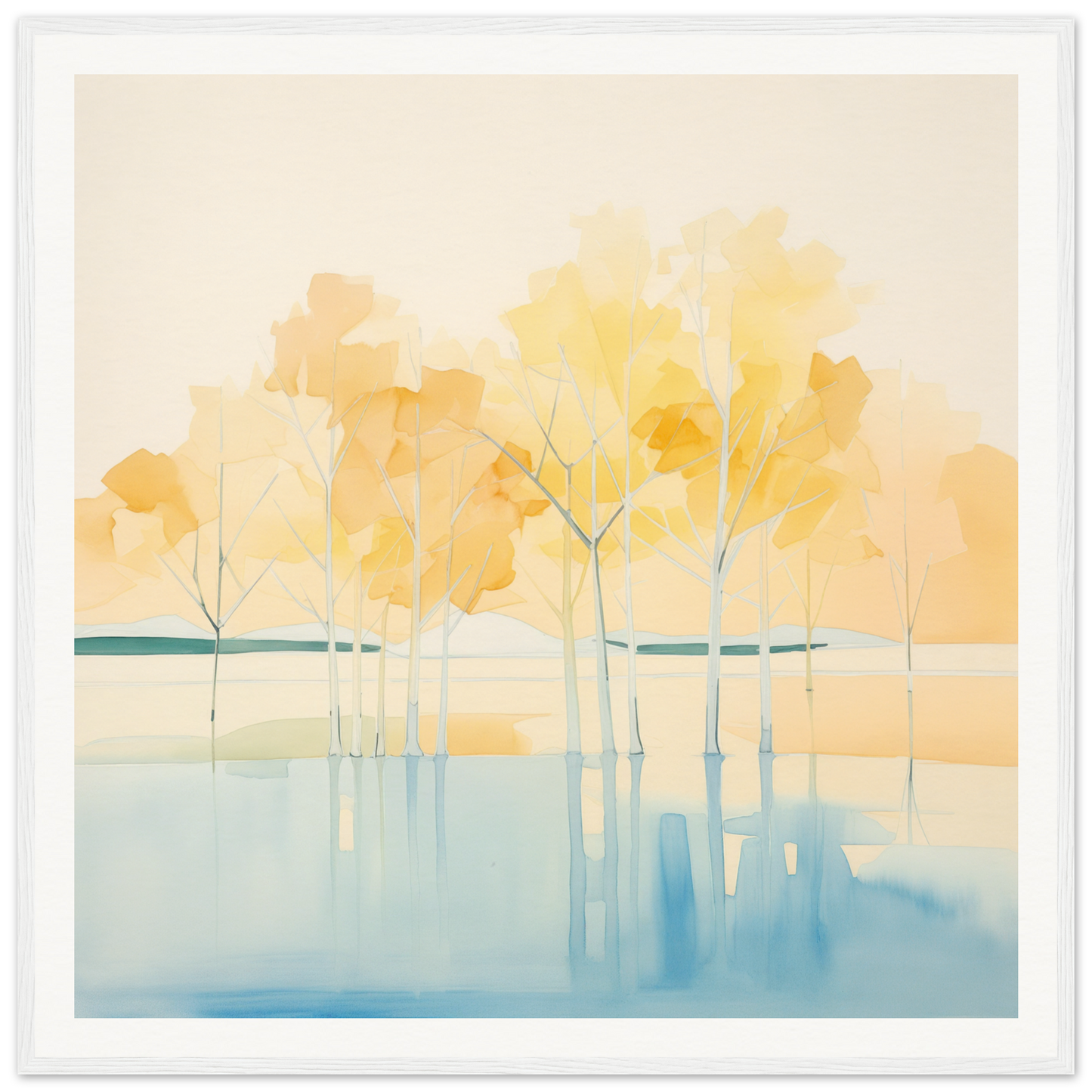 Watercolor painting of autumn trees reflecting in water in Mellow Mirage Unfoldthreads