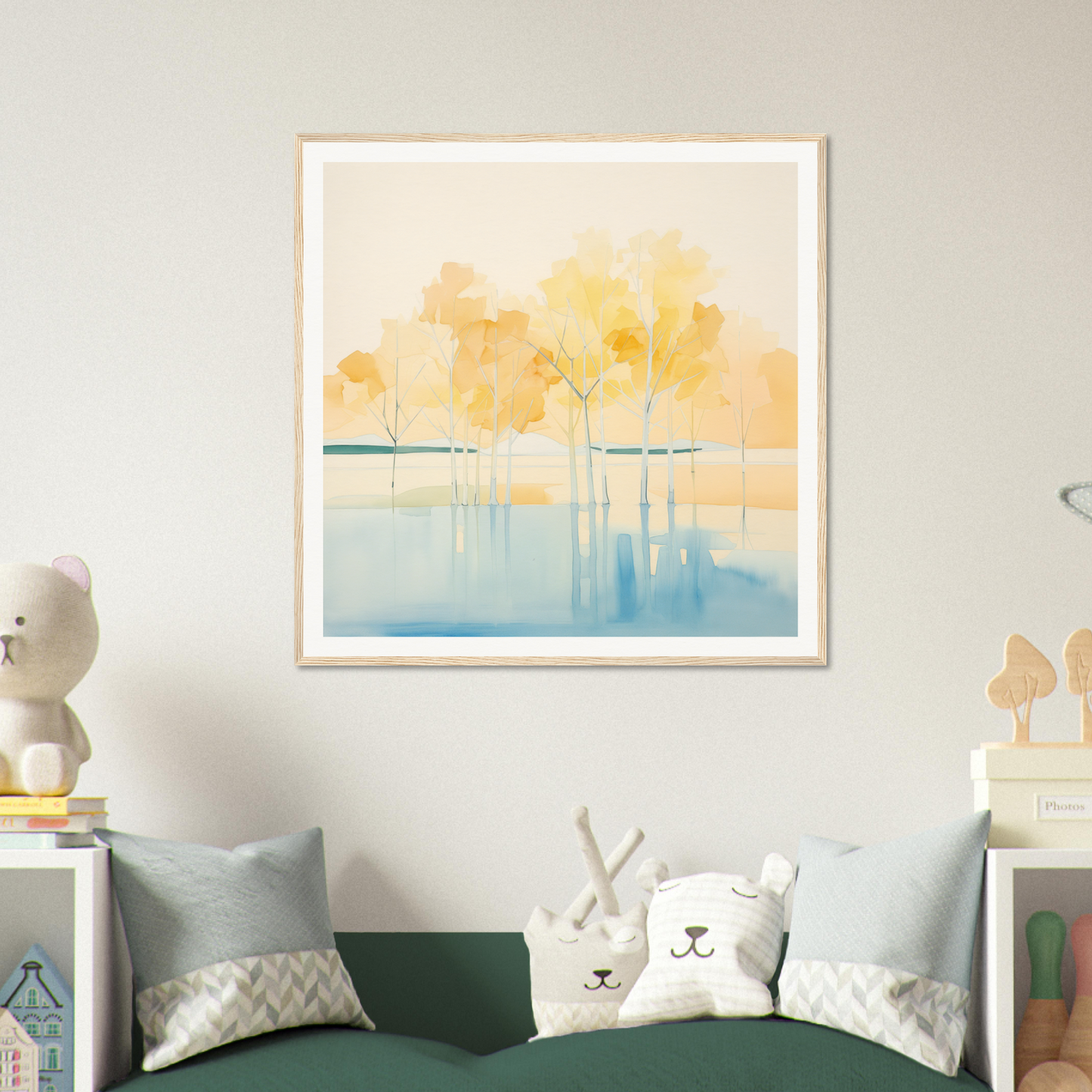 Framed watercolor of abstract trees in mellow mirage tones, offered by Mellow Mirage Unfoldthreads