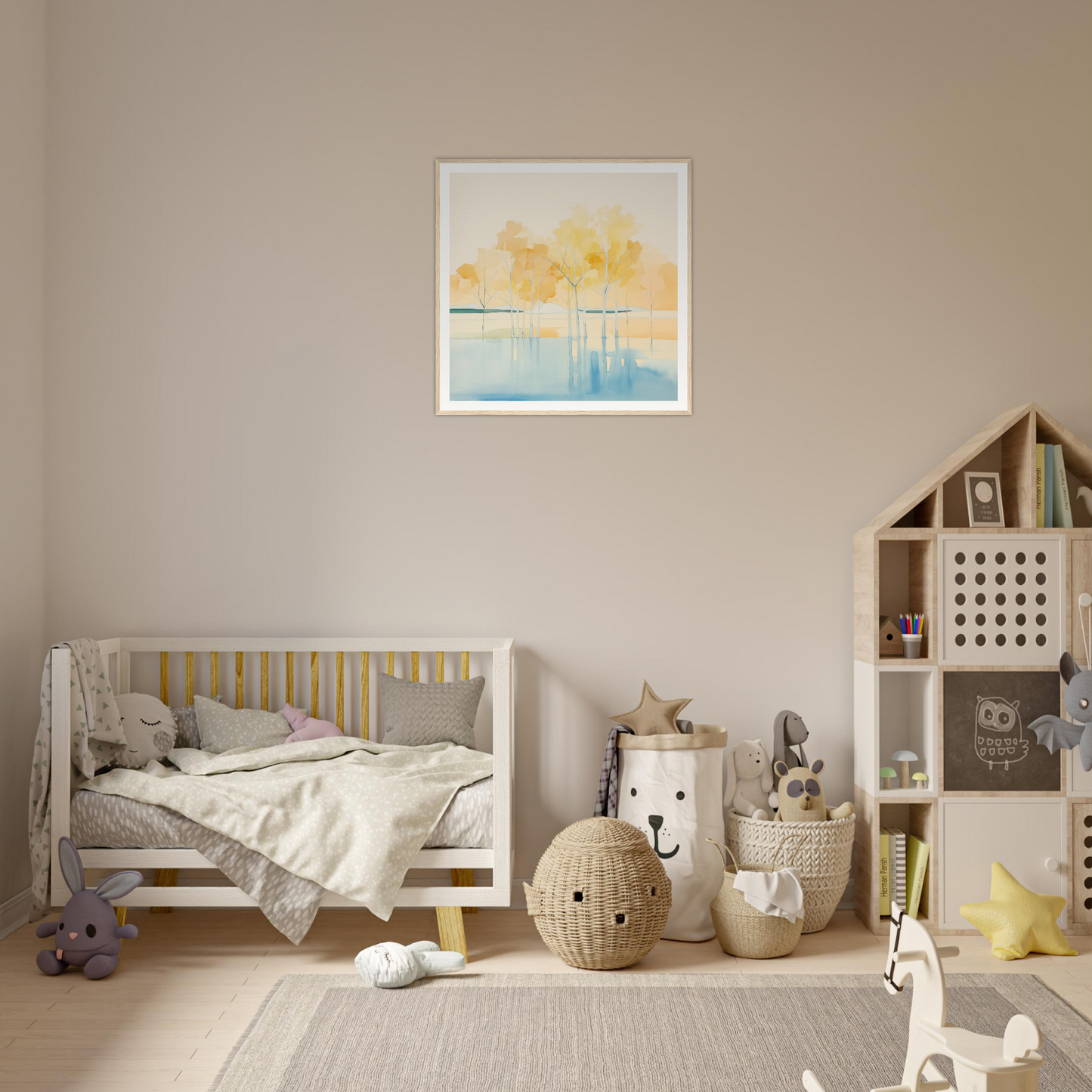 Wooden crib with gray and yellow bedding from Mellow Mirage Unfoldthreads collection