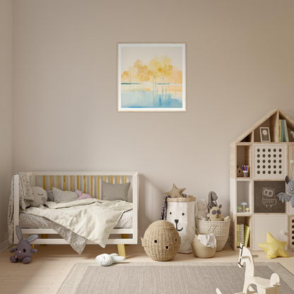 Wooden crib with gray and yellow bedding from Mellow Mirage Unfoldthreads collection