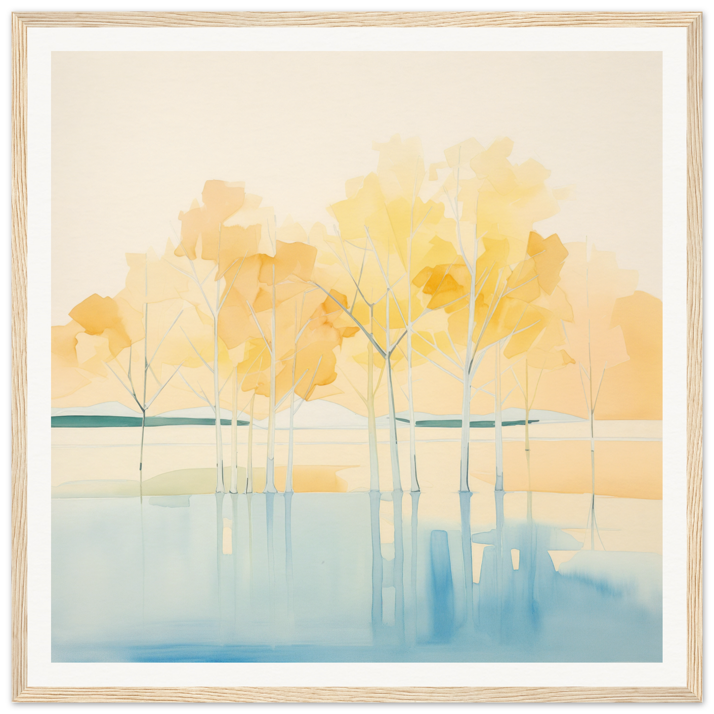 Watercolor painting of autumn trees reflected in still water, Mellow Mirage Unfoldthreads