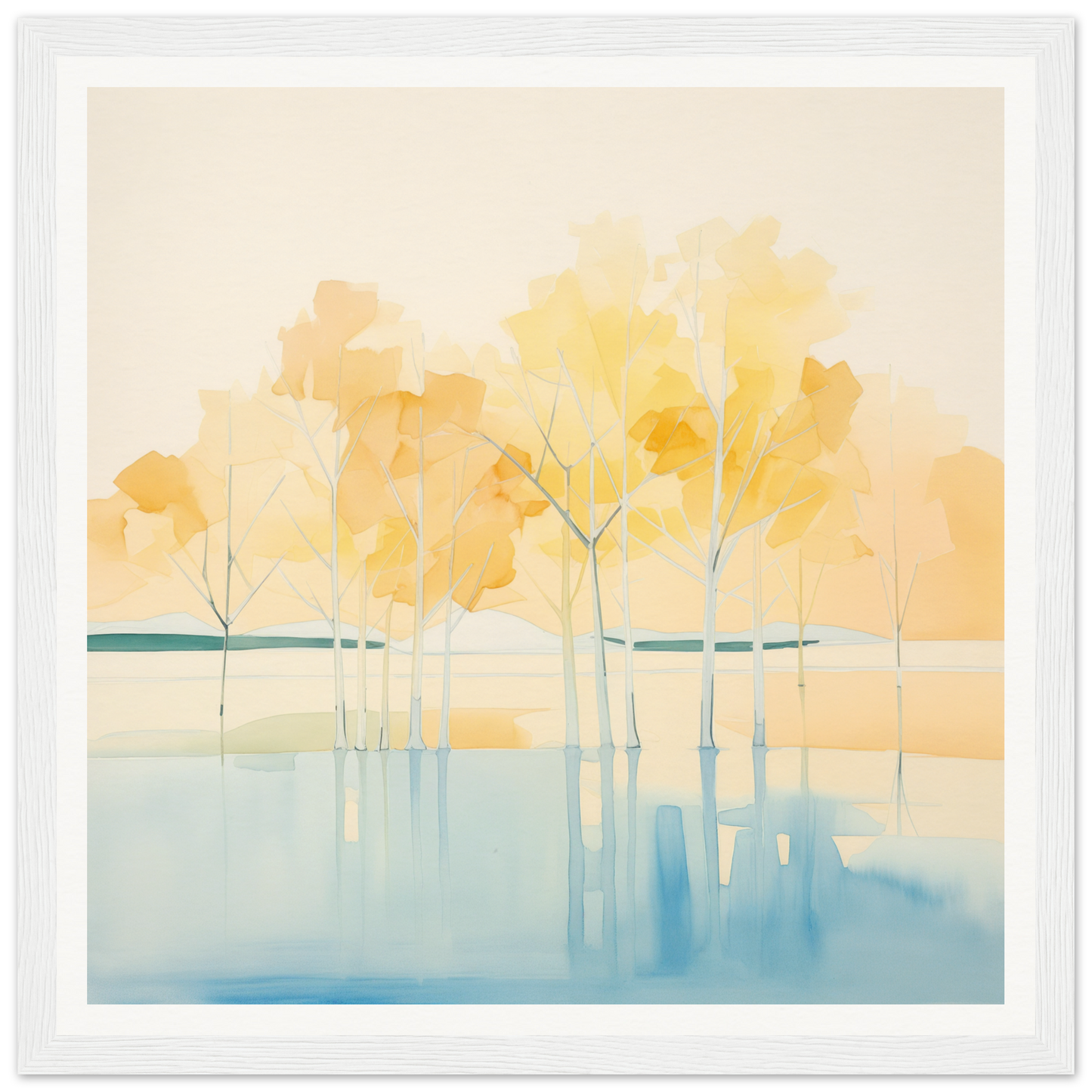 Watercolor painting of autumn trees reflected in still water for Mellow Mirage Unfoldthreads