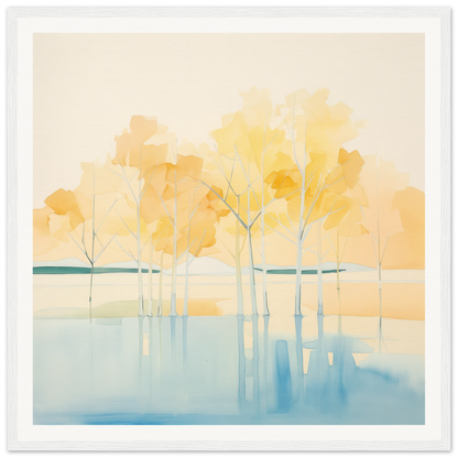 Watercolor painting of golden autumn trees reflecting in water for Mellow Mirage Unfoldthreads