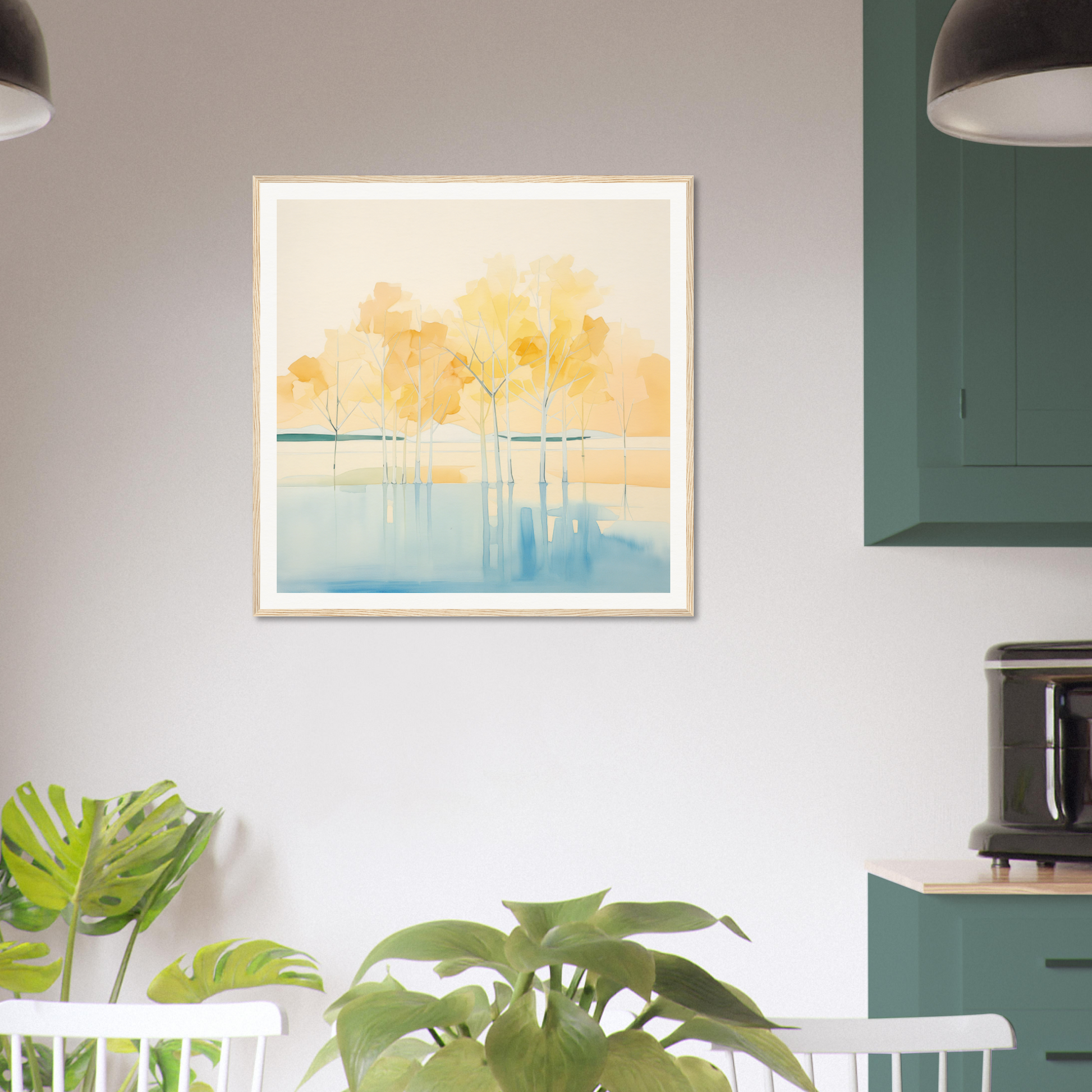 Framed watercolor of yellow trees and blue water, Mellow Mirage Unfoldthreads artwork