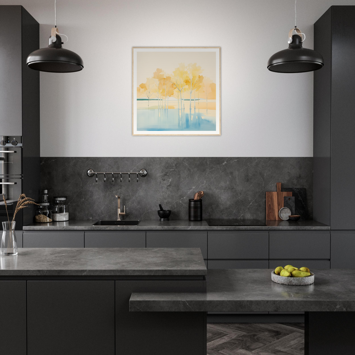 Modern dark gray kitchen featuring Mellow Mirage Unfoldthreads with industrial pendant lights