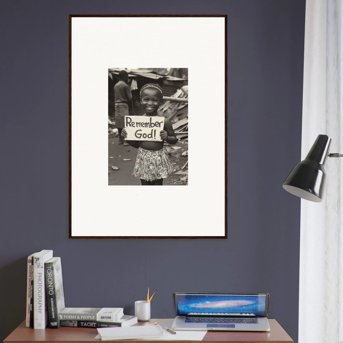 Black and white photograph with Remember God sign in premium framed wall art