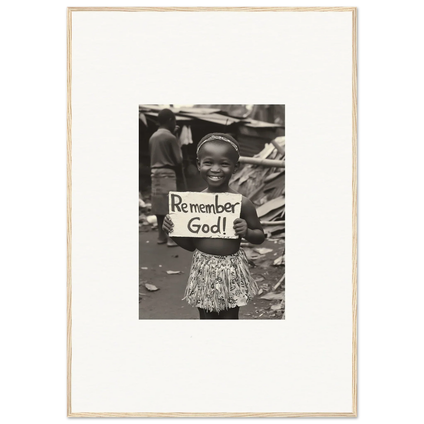 Child holding a sign that reads Remember God in premium framed wall art Memory Yet Flowered