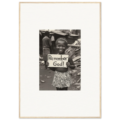 Child holding a sign that reads Remember God in premium framed wall art Memory Yet Flowered