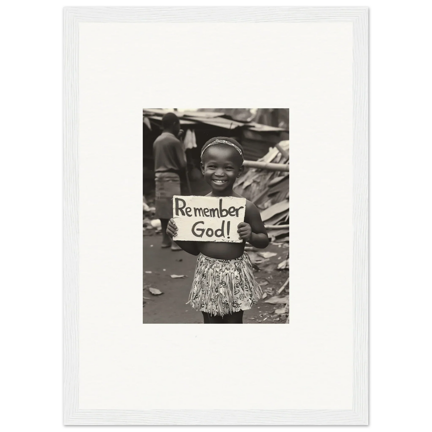 Black and white photo of Remember God sign with patterned skirt for premium framed wall art