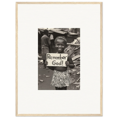 Black and white photo of a person with a Remember God sign in a patterned skirt, framed wall art