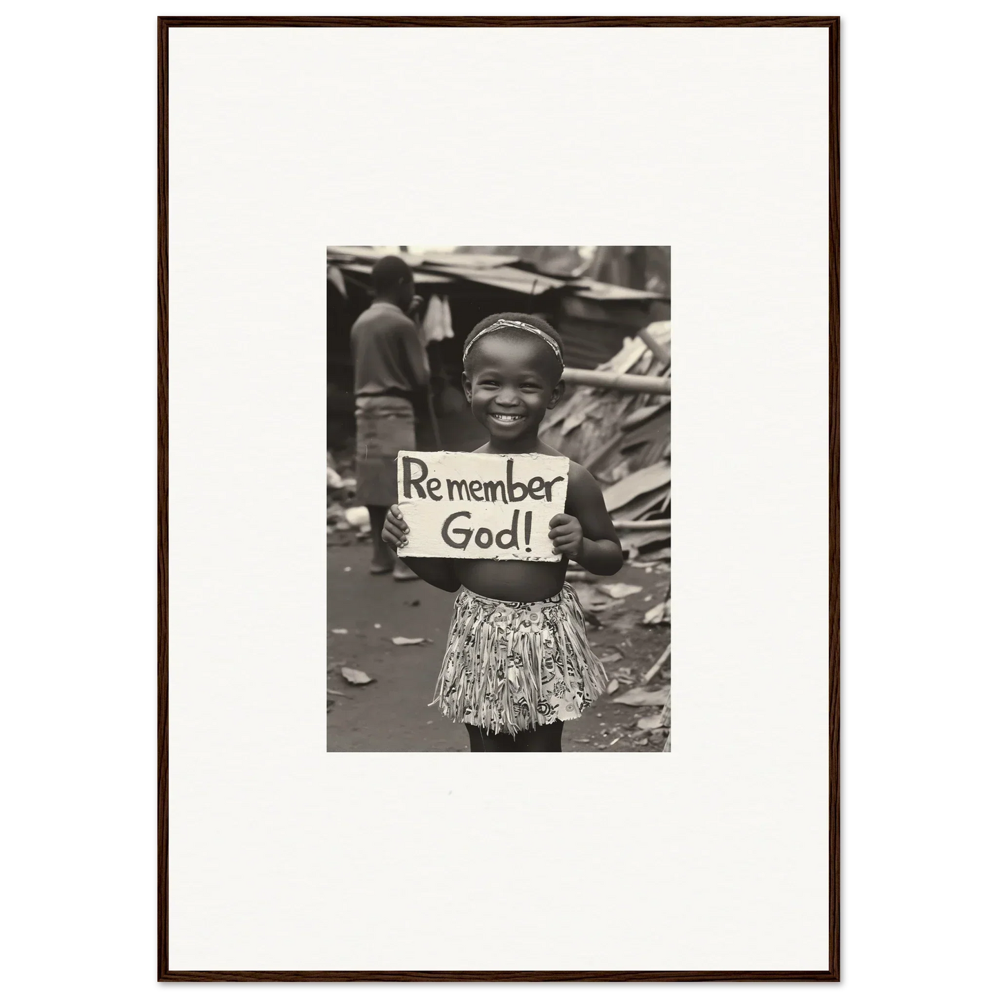 Child holds a sign saying Remember God in Memory Yet Flowered premium framed wall art