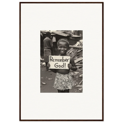 Child holds a sign saying Remember God in Memory Yet Flowered premium framed wall art