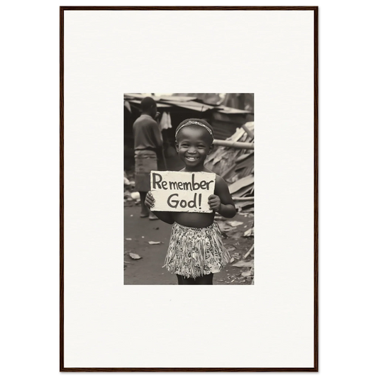 Child holds a sign saying Remember God in Memory Yet Flowered premium framed wall art