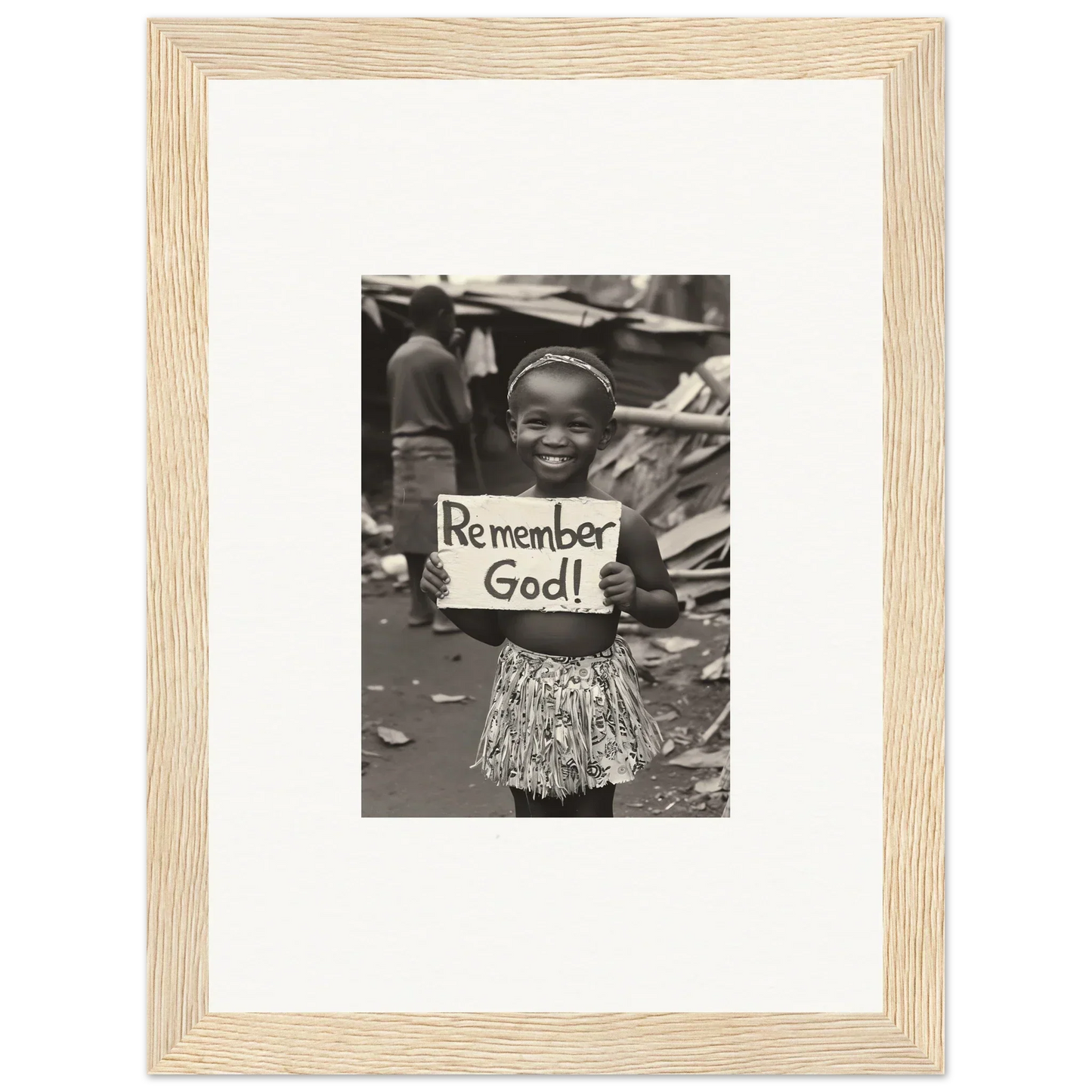 Framed black and white photo of a child with a Remember God sign in Memory Yet Flowered special edition art™