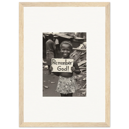 Black and white photo in light wooden frame featuring Remember God sign for premium framed wall art