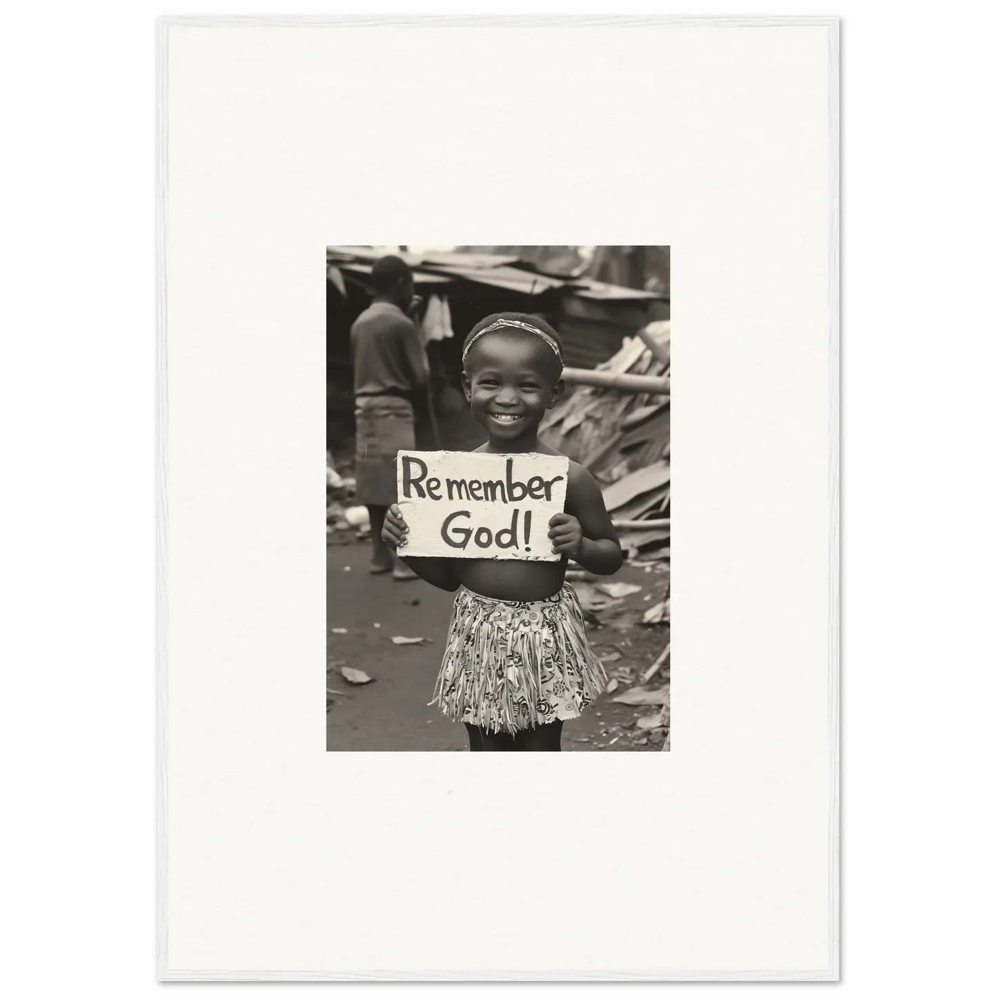 A child holding a sign saying Remember God in premium framed wall art Memory Yet Flowered