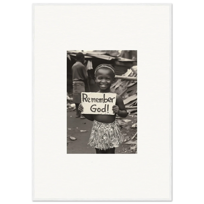 A child holding a sign saying Remember God in premium framed wall art Memory Yet Flowered