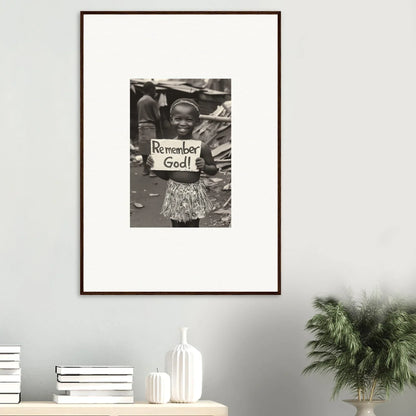 Framed wall art of someone holding a Remember God sign in Memory Yet Flowered