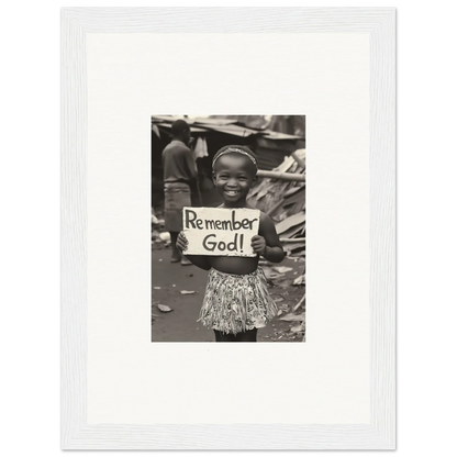 Child holding Remember God sign in premium framed wall art from Memory Yet Flowered