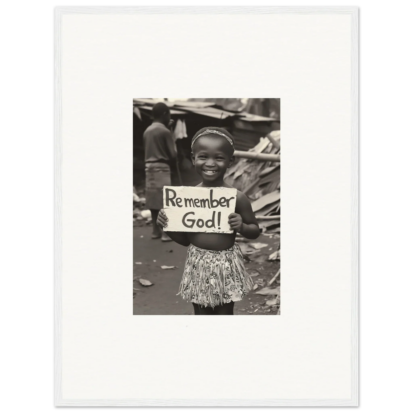 Child holding Remember God sign in patterned skirt, special edition art™ for framed wall art