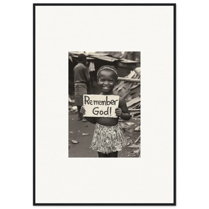 Black and white photo of a person with a Remember God sign for premium framed wall art