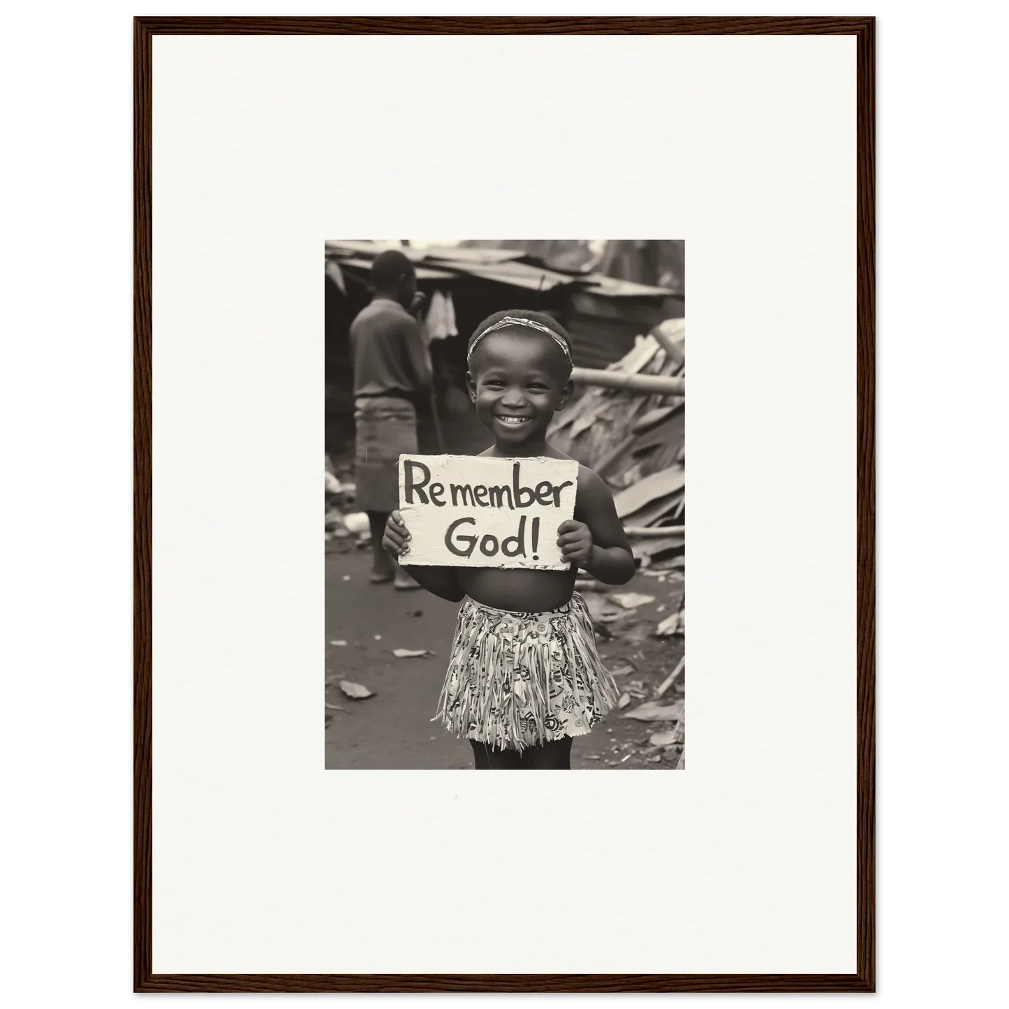 Child with Remember God sign in patterned skirt, featured in Memory Yet Flowered art