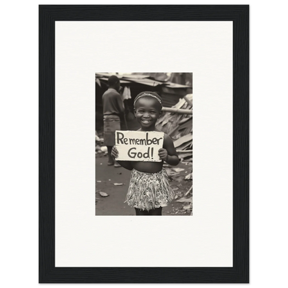 A black and white photo of a child with a Remember God sign in premium framed wall art