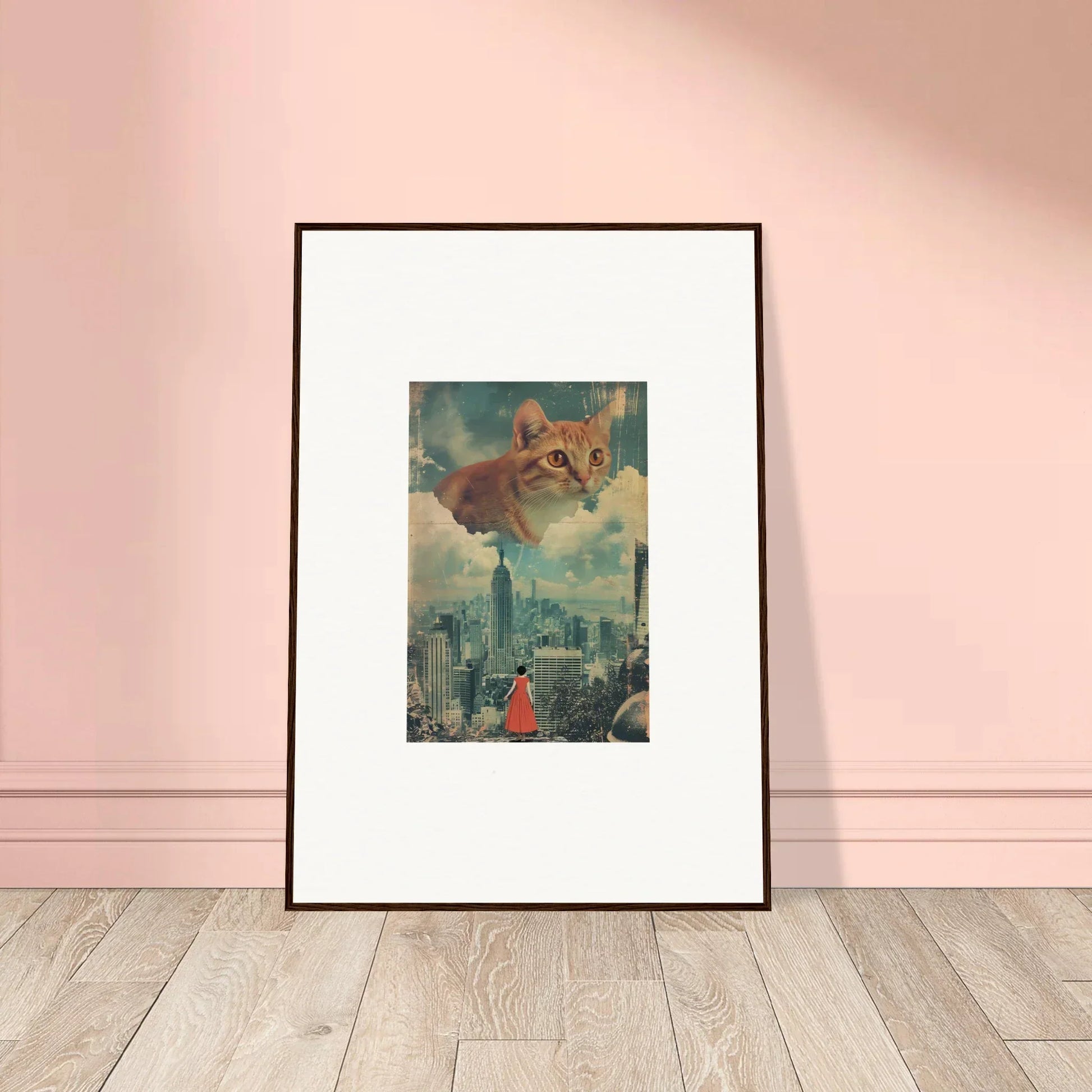 Framed wall art of a giant cat above a cityscape for unique room decor, Cloud Ascent