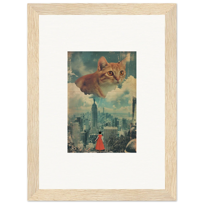 Ginger tabby cat’s face in cloud ascent over cityscape for unique room decor