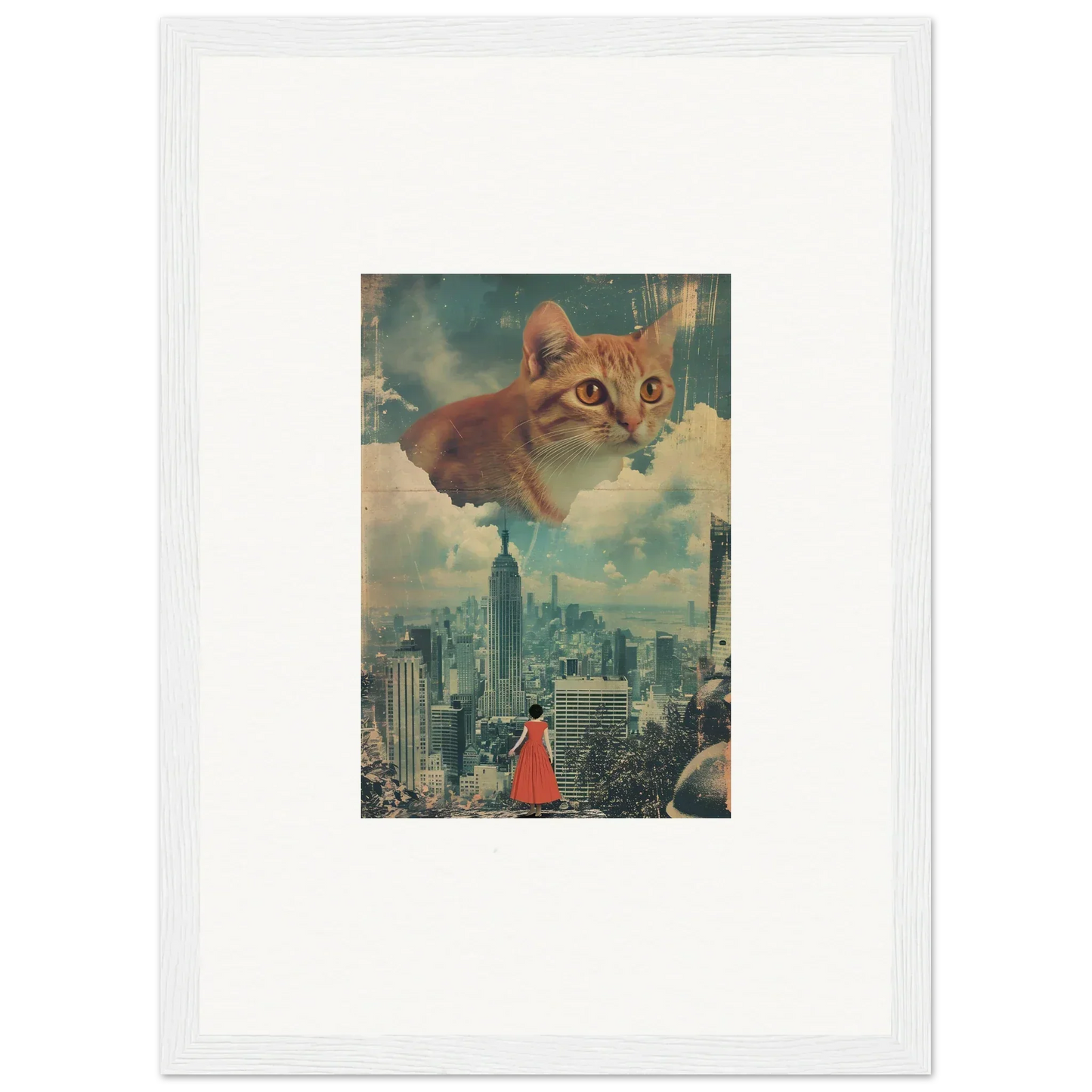 Ginger tabby cat in cloud ascent above a cityscape, ideal framed wall art for room decor