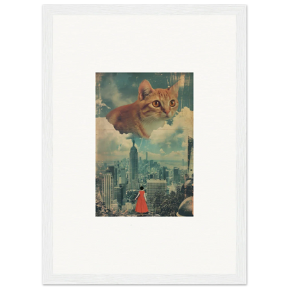 Ginger tabby cat in cloud ascent above a cityscape, ideal framed wall art for room decor