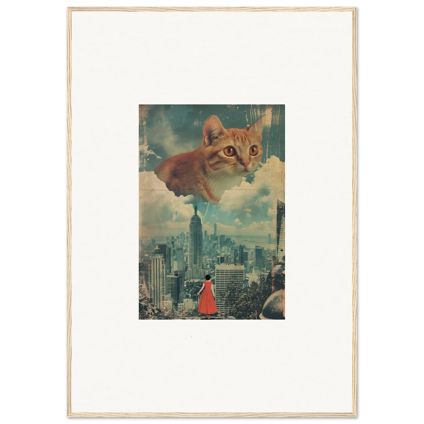 Framed wall art of a giant cat face in the sky for unique room decor and cloud ascent