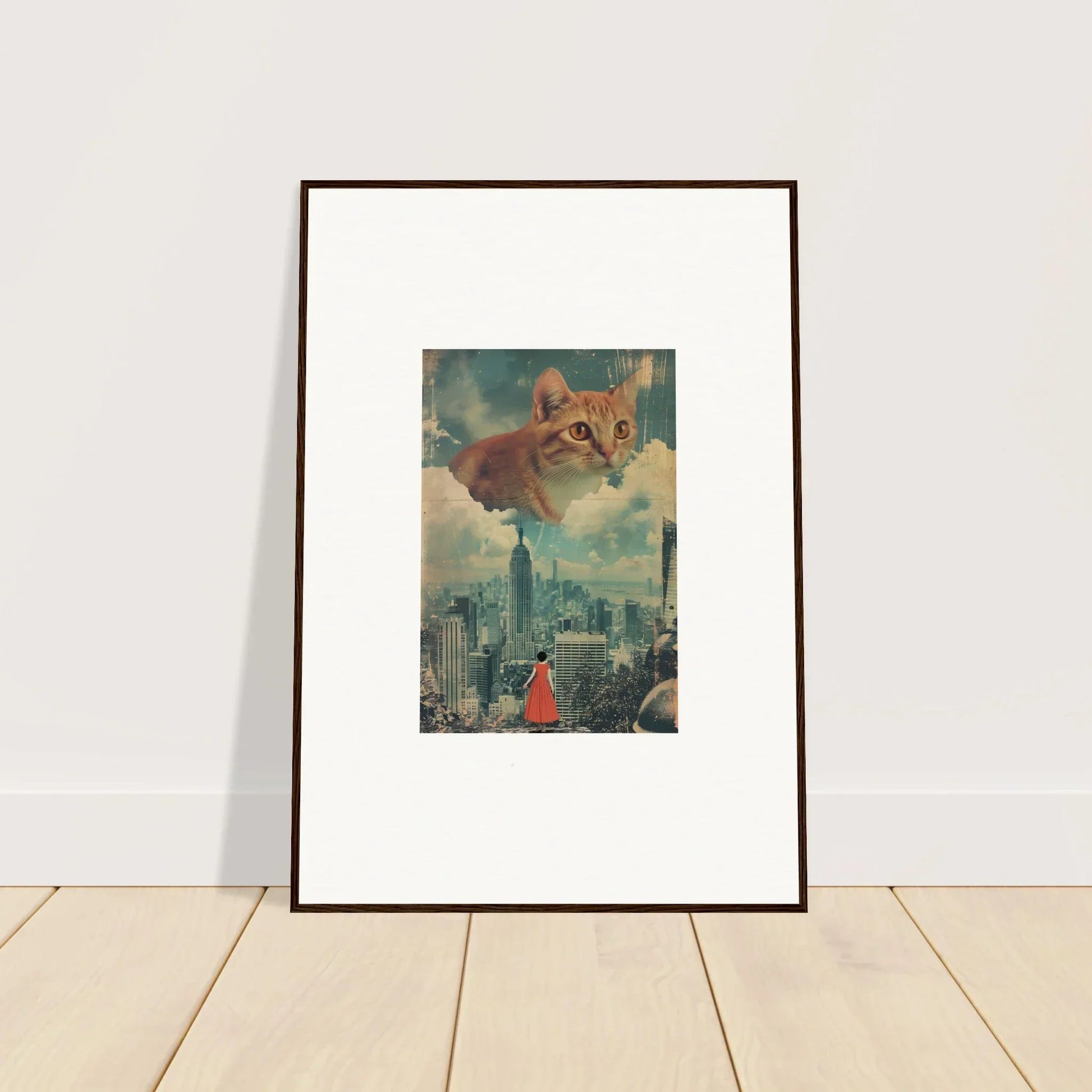 Framed wall art of Meow Cloud Ascent, a surreal cat portrait over a cityscape