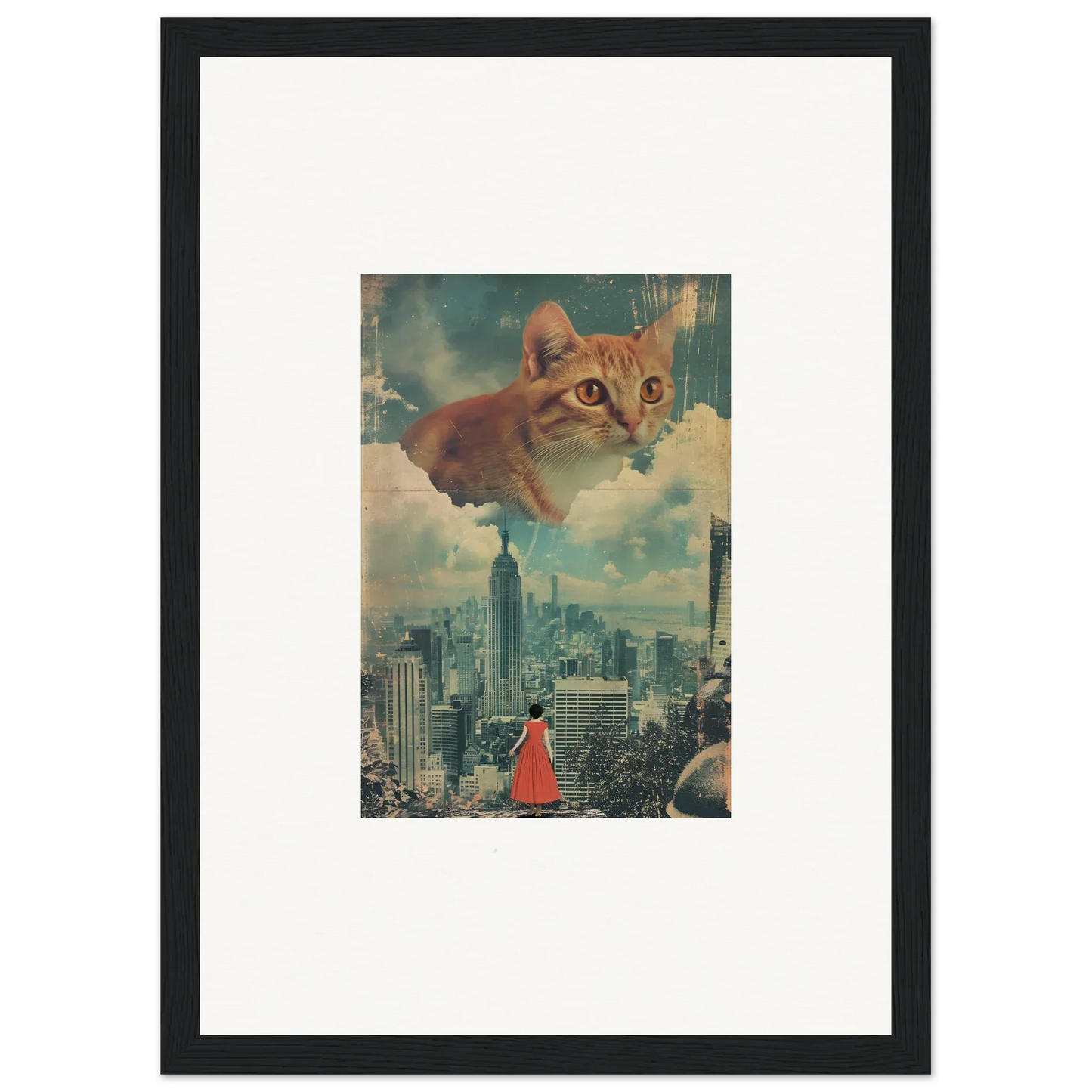 Framed surrealist wall art of a giant cat over a cityscape for unique room decor