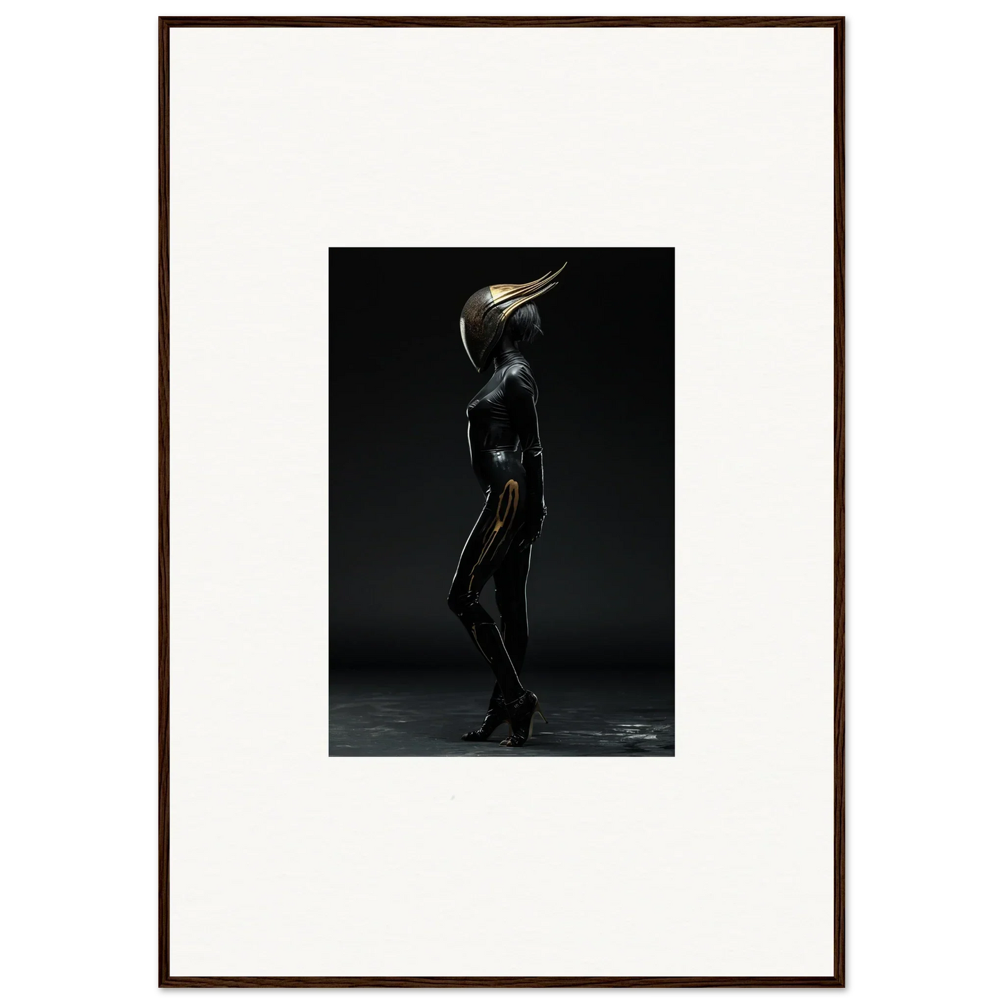 Surreal figure with bird-like metallic head in sleek black body, ideal room decor