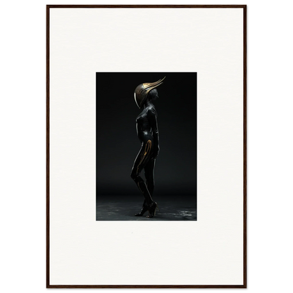 Surreal figure with bird-like metallic head in sleek black body, ideal room decor