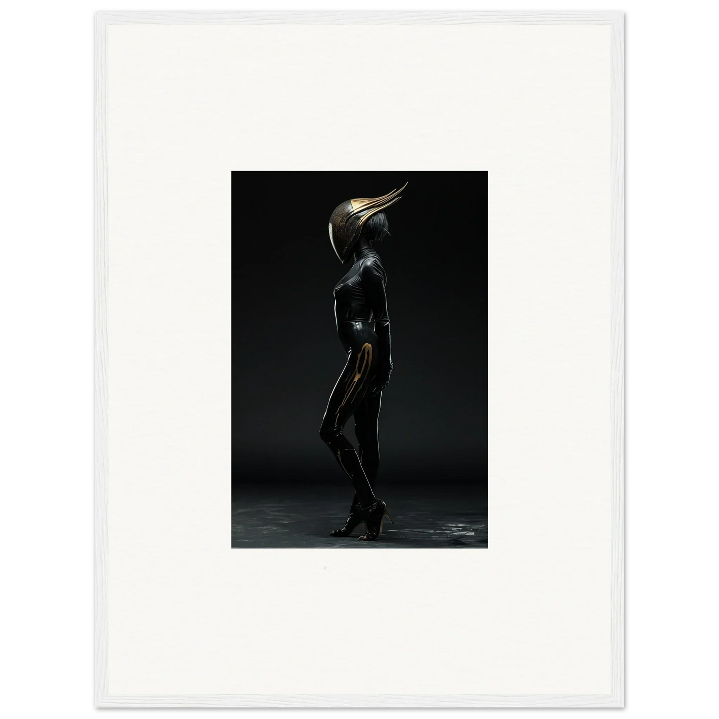 Surreal figure art with metallic bird head, ideal for noise threshold room decor