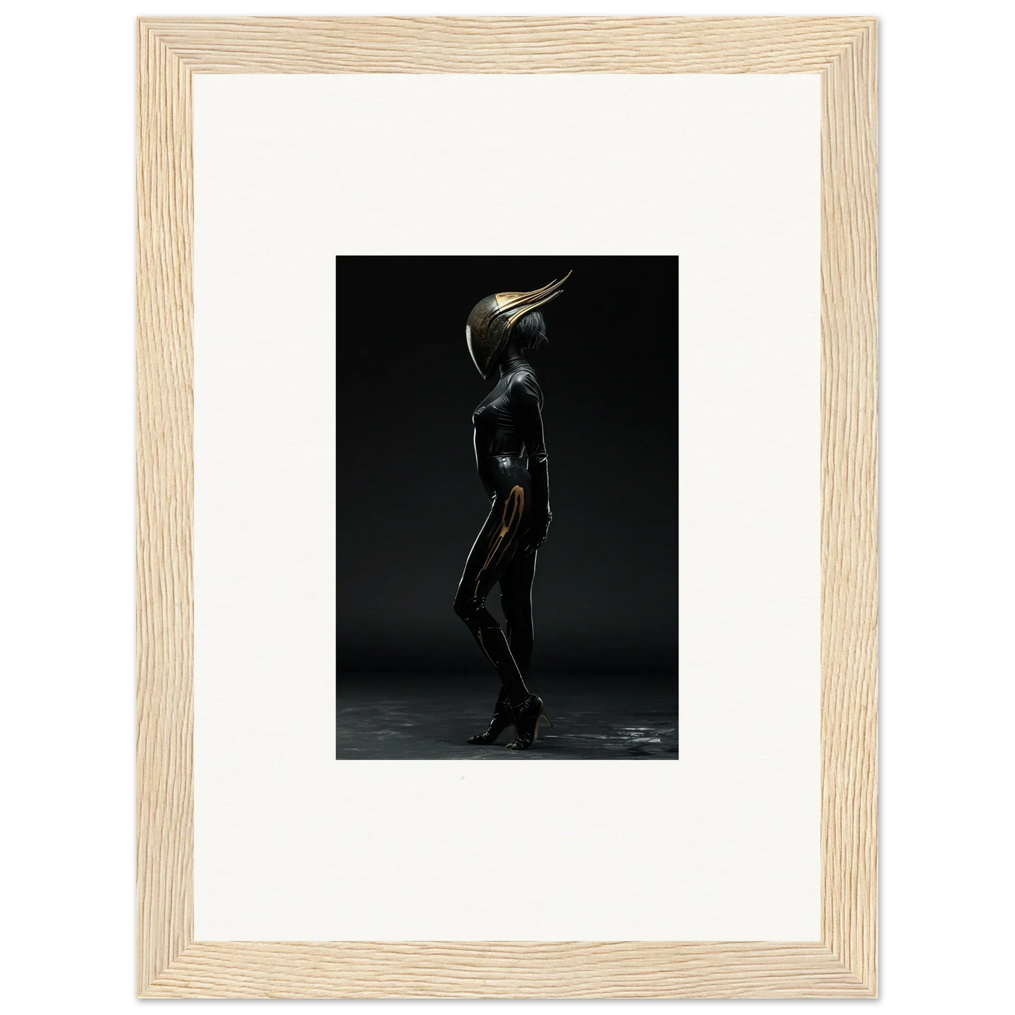 Metallic humanoid figure with beak-like head for unique room decor and framed wall art