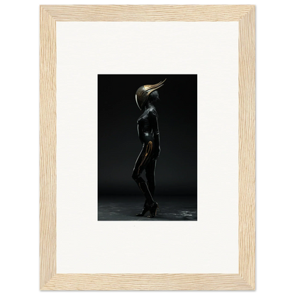 Metallic humanoid figure with beak-like head for unique room decor and framed wall art